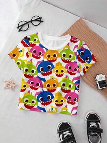 BABY SHARK X SHEIN 男婴卡通鲨鱼印花圆领短袖上衣 - 白色 - 查看 1