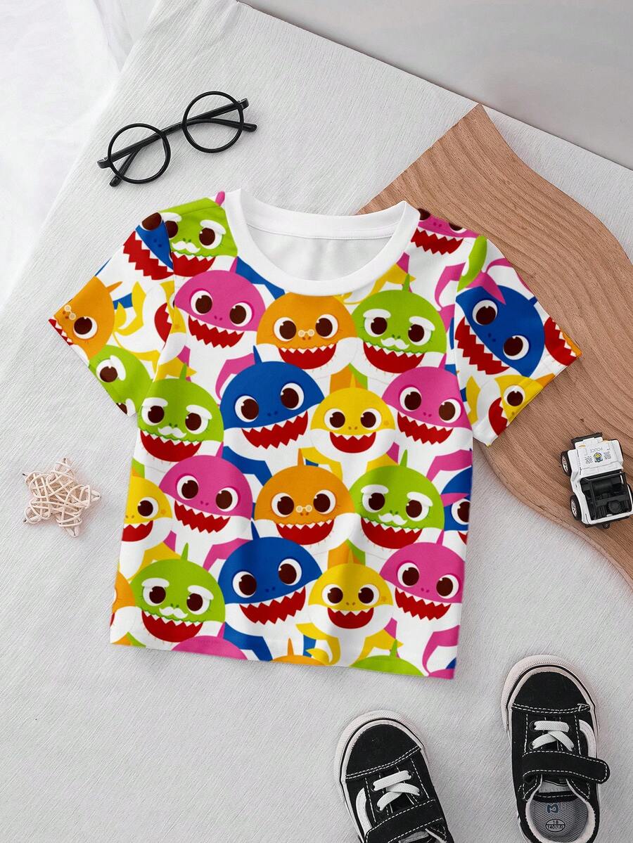 BABY SHARK X SHEIN 男婴卡通鲨鱼印花圆领短袖上衣 - 白色 - 查看 1