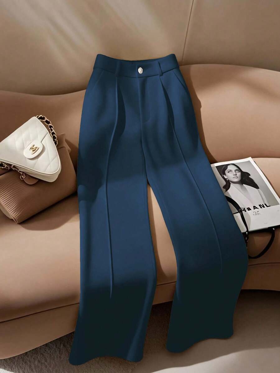 SHEIN PETITE Quần ống đứng thanh lịch màu trắng dành cho nữ, thích hợp khi đi làm - Màu xanh hải quân - Xem 1