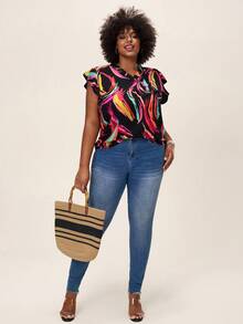 Comfylo SHEINLUNE 大码女式 V 领泼墨艺术效果飘逸袖衬衫 - 彩色 - 查看 5