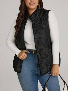 Comfylo Plus Size Solid Color Front Zip Sleeveless Pocket Casual Padded Coat, Daily Wear Winter Fall Autumn