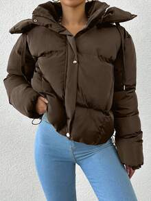 EURMUSE Women's Solid Color Long Sleeve Zipper Front Drawstring Hooded Casual Winter Jacket - Brown - View 6