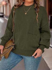 SHEIN Cottnline Plus Size Casual Solid Color Drop Shoulder Loose Knit Sweater, Autumn/Winter - Army Green - View 4