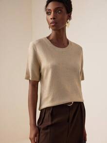 Lyxana Fashionable Crew Neck Shiny Metallic Foil Short Sleeve Sweater Top,Champagne Gold,Summer,Elegant,Office,Comfortable Fitted Women's Spring Style - Gold - View 6