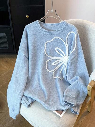 GlowEve CURVE Yeni Gelen Kadın Büyük Beden Çiçekli Yuvarlak Yaka Yüksek Kaliteli Şık Örgü Kazak