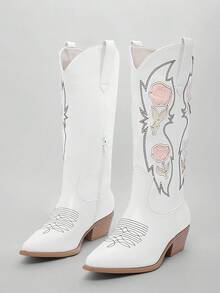 Solezae 女士迷人尖头粗跟花卉刺绣中筒西部牛仔靴 - 白色 - 查看 6