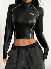 Coolane 女式明线插肩袖不对称下摆修身立领T恤 - 黑色 - 查看 2