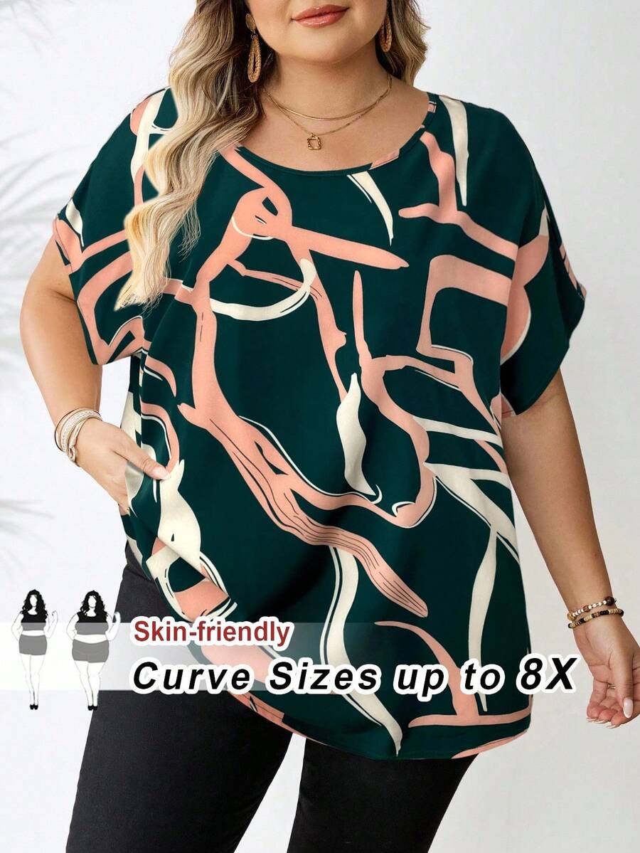 SHEIN CURVE+ 大码女式休闲条纹几何图案宽松圆领衬衫，适合春夏季穿着，可用于海滩度假、海滩休闲、毕业典礼、下午茶聚会等场合。 - 彩色 - 查看 1