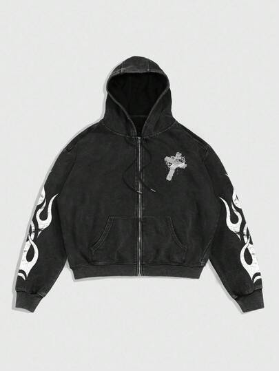 Goth Sudadera con capucha con cremallera, cordón y estampado de letras y flores para hombre, otoño