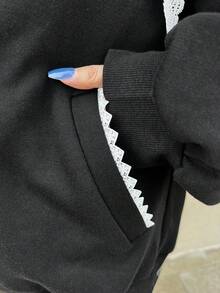 FRIFUL Women's Letter Print Lace Patchwork Black Hoodie Sweatshirt, Loose Fit Thick Thermal Lined Colorblock Jacket School - Black - View 5