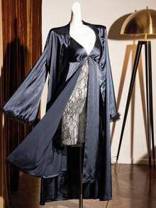 Slumberist 长款系带睡袍，喇叭袖，花卉蕾丝边饰；性感蕾丝拼接睡袍两件套；蕾丝睡袍，带毛边；冬季服装 - 藏蓝色 - 查看 7