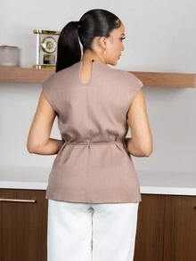 Melissa Matos Áo cánh tay tròn màu trơn cho nữ, mùa hè - Màu Khaki - Xem 5
