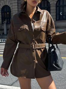 DAZY Vintage Lapel PU Leather Jacket, High-Quality Cinched Waist Waist Mid-Length Regular Coat Fall/Winter - Brown - View 5
