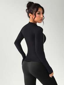 Dewbera 女式无缝黑色运动夹克，带拇指孔，条纹设计，拉链开合 - 黑與白 - 查看 2