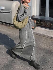 FRIFUL Women's Loose Fit Drop Shoulder Colorblock Sweater & Straight Hem Long Skirt 2 Pieces Set, Suitable For Airport Travel, Autumn - Grey - View 1