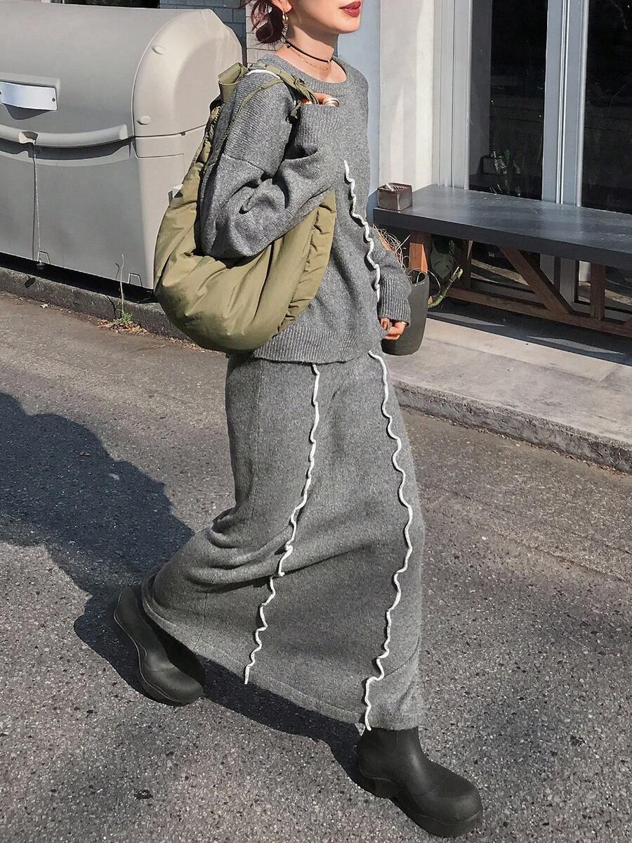 FRIFUL Women's Loose Fit Drop Shoulder Colorblock Sweater & Straight Hem Long Skirt 2 Pieces Set, Suitable For Airport Travel, Autumn - Grey - View 1