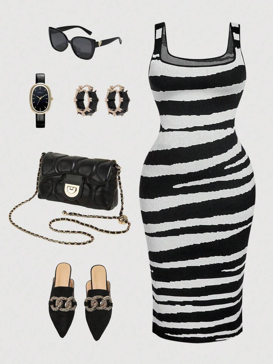 SHEIN MOD فستان مضفر بنمط الزيبرا مقاس كبير، أنيق وعاطفي - أبيض وأسود - مشاهدة 1