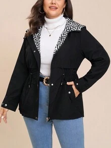 Comfylo Plus Size Hooded Drawstring Waist Casual Versatile Jacket Winter For Women Fall For Women Women's Winter Jacket Chic Women's Jacket Women's Winter Jacket Chic Women's Jacket Autumn Winter Zip Up Hoodie For Women Female Country Look Going Out Tops Going Out Winter - Black - View 10