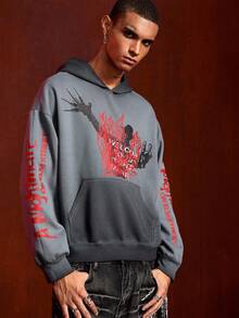 ROMWE MEN A Nightmare on Elm Street X ROMWE Men's Vintage Washed Graphic Print Hoodie, Fall