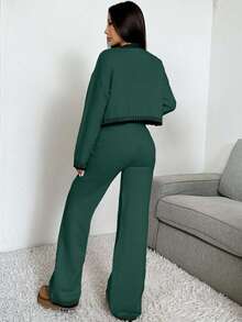 EURMUSE 2pcs Women Casual Contrast Trim Button Cardigan And Knit Pants Set, Autumn/Winter - Dark Green - View 2