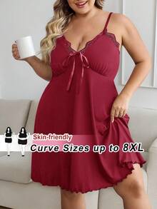 SHEIN CURVE+ Curve 大码/秋装/秋季女装/女冬装/冬装大码女式黑色蕾丝拼领吊带裙 - 酒紅色 - 查看 9