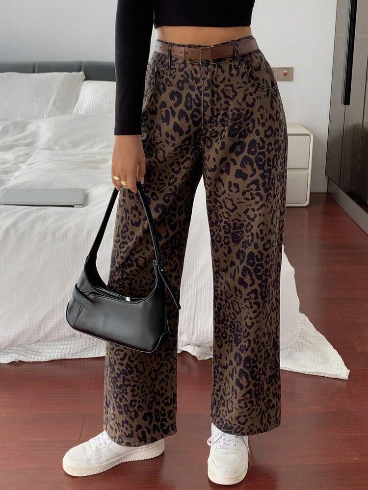 Retro American Leopard Print Wide Leg High Waist Straight Leg Jeans, Slimming Floor Length Pants For Women, Autumn/Winter