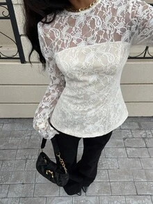 Siren Gaze Women's Double Layer Lace Patchwork Long Sleeve Blouse Winter Elegant Party Spring - Apricot - View 5