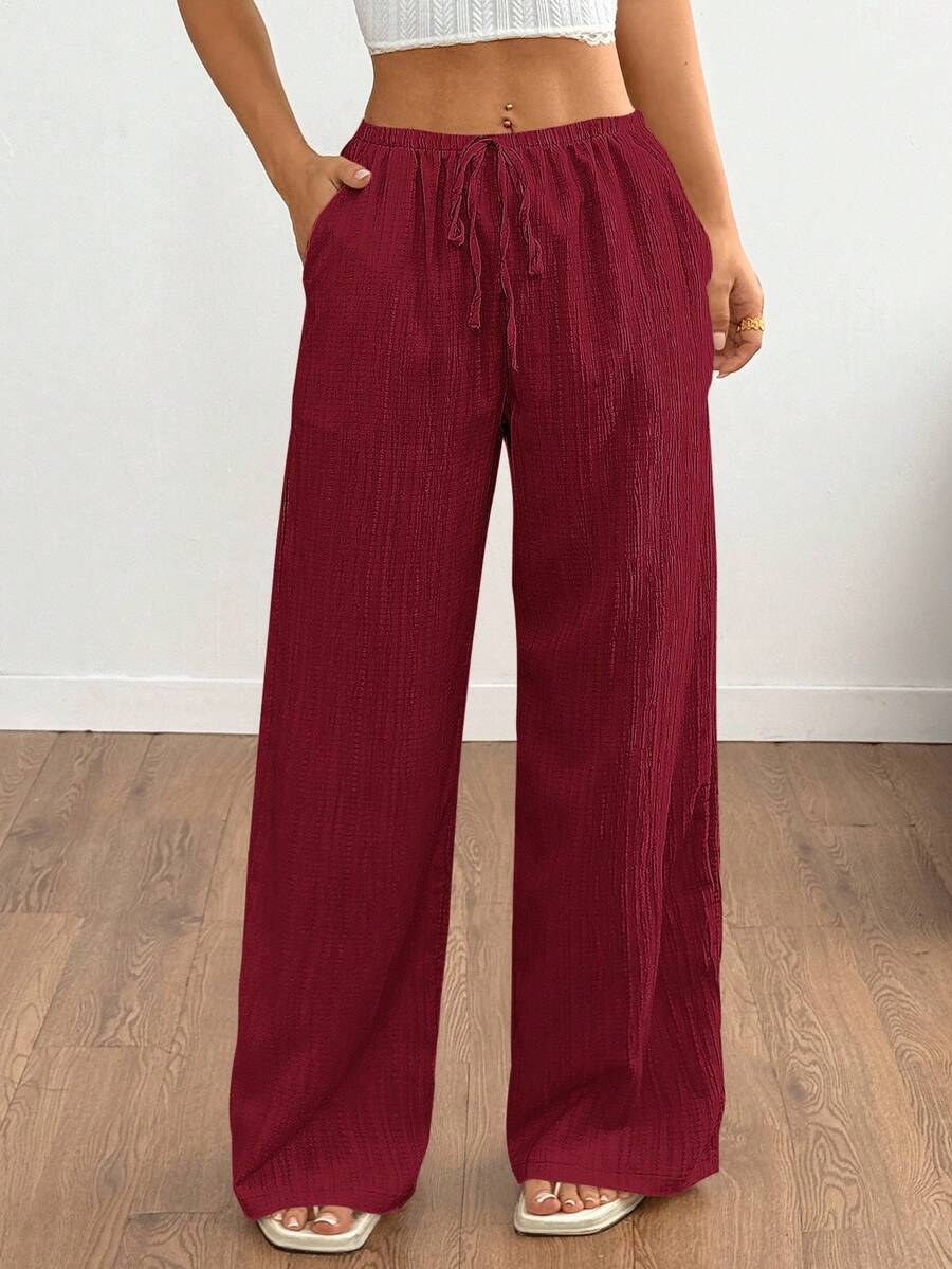 SHEIN Tall 女式纯色休闲宽松裤,带口袋,纹理面料,腰带 - 酒紅色 - 查看 1