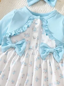 SHEIN 新生女婴粉色长袖拼布花卉蝴蝶结连衣裙，搭配优雅甜美可爱头饰，适合秋季日常户外休闲活动 - 藍色 - 查看 5