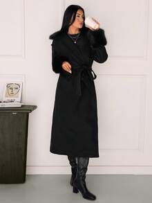 SHEIN Tall 女士优雅简约基本款休闲通勤办公室卡其色外套，带毛领、毛袖和腰带，宽松版型，秋冬 - 黑色 - 查看 9