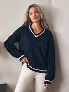 Louniche Maglione a maniche lunghe con spalle a caduta, lavorazione a trecce e bordo a righe - Blu Navy - Visualizzare 1