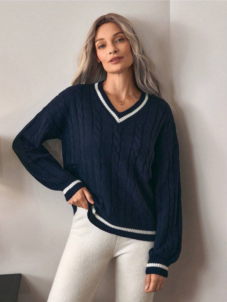 Louniche Maglione a maniche lunghe con spalle a caduta, lavorazione a trecce e bordo a righe - Blu Navy - Visualizzare 1