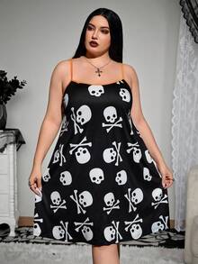 SHEIN CURVE+ Váy ngủ in hình bộ xương Halloween cỡ lớn cho nữ cỡ lớn/Mùa thu/Đông - Nhiều màu - Xem 4
