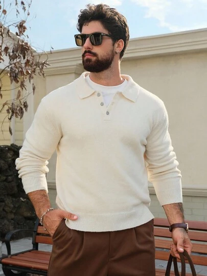 DAZY Men's Apricot Solid Color Polo Neck Sweater, Autumn