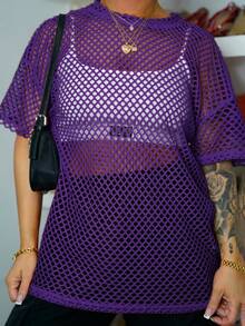 SAYEHFBABY 音乐节黑色百搭性感休闲宽松网眼钩针女式短袖 T 恤上衣 - 紫色 - 查看 3