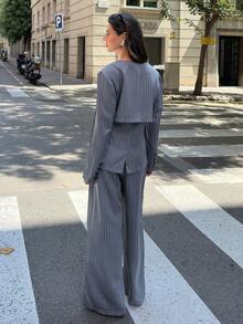 Siren Gaze 三件套优雅条纹西装，灰色女士三件套，通勤和办公室装女士细条纹西装两件套裤装女士商务休闲女装办公室服装女士套装秋冬 - 灰色 - 查看 3
