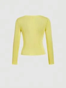 SHEIN MOD Women's Lemon Yellow Round Neck Cable Knitted Top,Chic Autumn Preppy School Cardigan,90s Fashion Office Wear,Fall/Winter Sweater,Halloween - Yellow - View 2