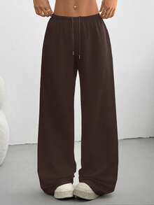 SHEIN EZwear Quần nỉ ống đứng lưng thấp có dây rút cỡ lớn - Màu nâu Sô-cô-la - Xem 3