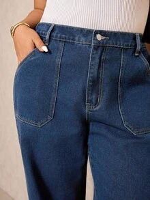 Elaquor 大码女式无弹力休闲修身水洗直筒牛仔裤 - 深色水洗藍 - 查看 3