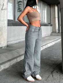 EURMUSE 100%Cotton WOMEN HIGH WAIST STRAIGH VINTAGE WASHING JEANS - Baby Blue - View 4