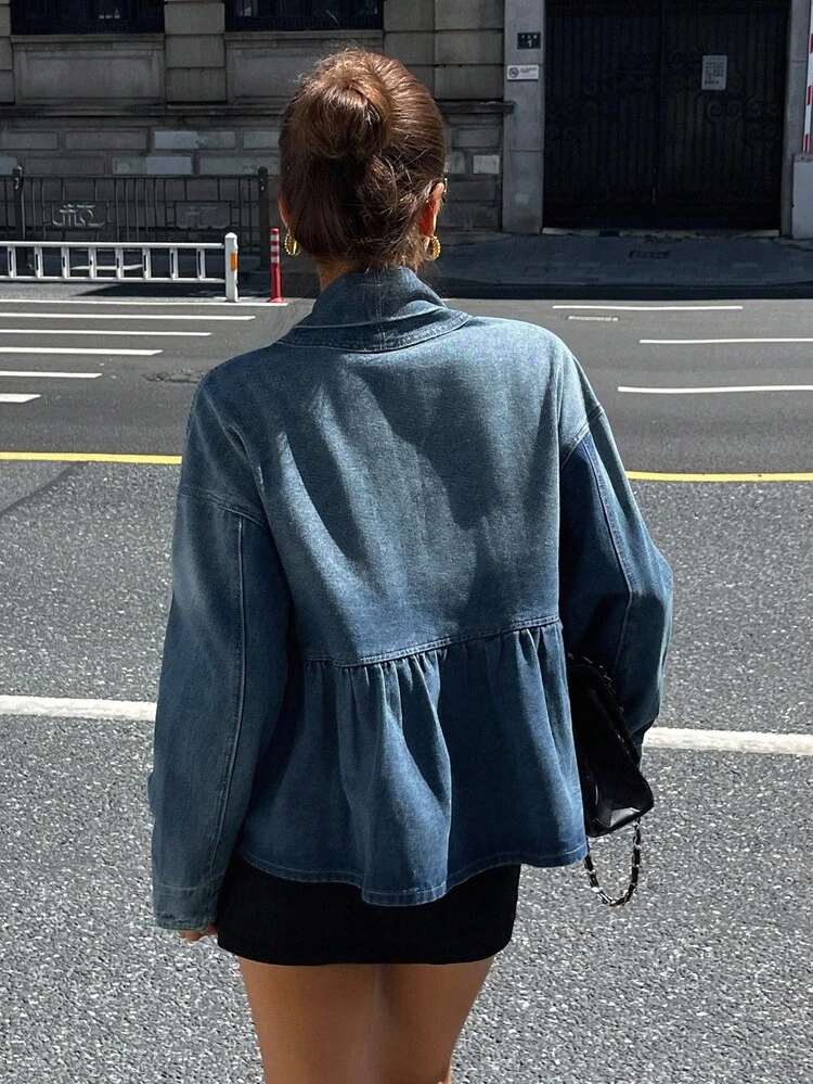 Fashionable High-End V-Neck Denim Tie-Waist Shacket, Blue Jacket
