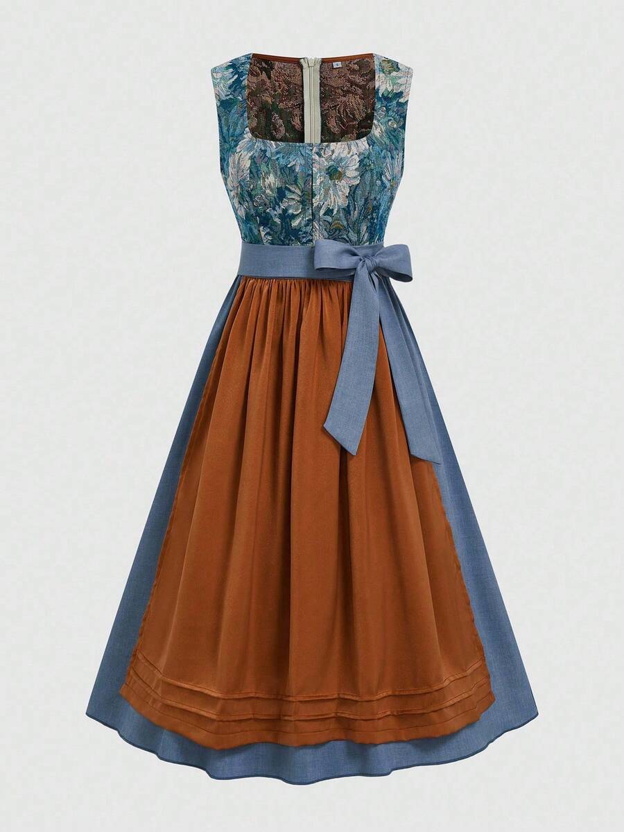 Fairmaia 传统德国女性花卉提花无袖圆领连衣裙 Dirndl 啤酒节传统德国传统复古花卉无袖女装传统 Dirndl 方领连衣裙和围裙，适合十月、万圣节