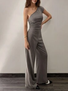 SHEIN Unity 时尚格纹单肩连体裤，修身直筒设计，高端性感，适合时尚女性 - 棕色 - 查看 6