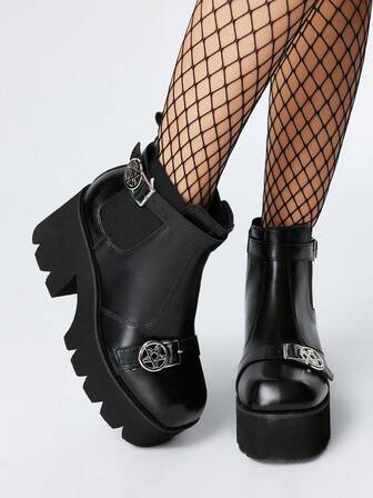 Goth Botas punk de tacón grueso estilo gótico, botas de tacón alto de piel de PU negras adecuadas para fiestas, uso diario, vestidos de noche, aumento de altura y alargamiento de piernas, Halloween