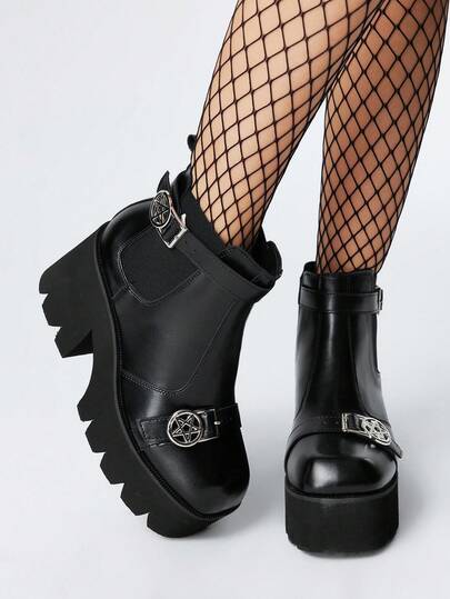 Goth Stivali punk con tacco chunky in stile gotico, stivali neri in pelle PU con tacco alto adatti per feste, uso quotidiano, abiti da sera, per aumentare l'altezza e allungare le gambe, Ognissanti