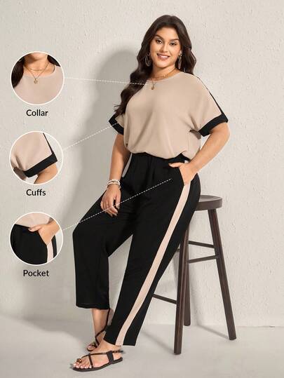 Comfylo Conjunto de top de manga murciélago con bloqueo de color y pantalones casuales de talla grande para el verano