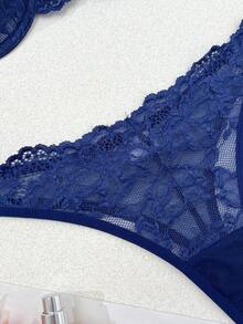 SHEIN French Floral Lace Romantic Elegant Bra + Thong Lingerie Set, Sexy Women's Underwear - Navy Blue - View 9