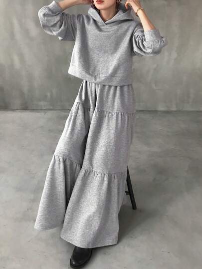 FRIFUL 女式碎花灰色连帽衫和褶皱长裙两件套，秋季休闲宽松搭配