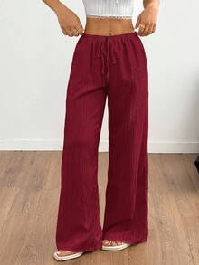 SHEIN Tall 女式纯色休闲宽松裤，带口袋，纹理面料，腰带 - 酒紅色 - 查看 6