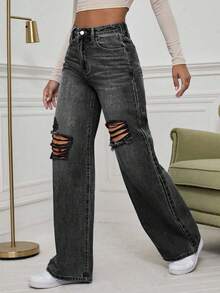 EMERY ROSE Winter Outfit Plus Size Women Distressed Washed Loose Straight Leg Jeans Cargo Pants, Light Blue Cowboy Outfits